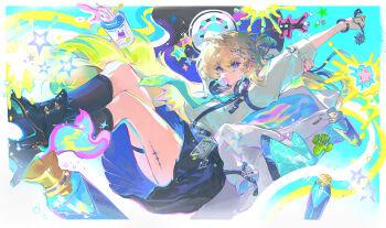 1girl absurdres aqua_necktie arm_up black_skirt black_socks blonde_hair blowing_bubble_gum blue_eyes breasts charm_(object) chewing_gum chinese_commentary clang_bang_(wuthering_waves) commentary_request full_body graffiti hair_between_eyes headphones headphones_around_neck highres id_card large_breasts long_hair looking_at_viewer lynae_(wuthering_waves) necktie shirt shirt_tucked_in skirt socks solo tacet_mark_(wuthering_waves) thigh_strap thighs white_shirt wuthering_waves yunouou10