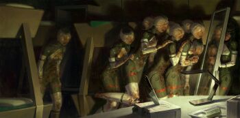Rule 34 | 6+girls, android, black hair, black hat, cassette player, closed eyes, commentary, corrupted eule (signalis), english commentary, eule (signalis), faux traditional media, full-length mirror, hand on another's shoulder, hat, hiding, highres, horror (theme), indoors, knife, madsraa, mirror, multiple girls, painterly, realistic, shadow, short hair, signalis, standing, zombie