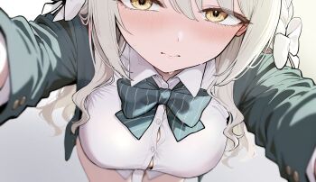 1girl black_jacket blazer blue_archive blush bow bowtie braid breasts bright_pupils button_gap buttons collared_shirt commentary_request covered_erect_nipples diagonal-striped_bow eyelashes foreshortening from_above gluteal_fold hair_between_eyes hair_ribbon highres jacket large_breasts long_hair long_sleeves looking_at_viewer looking_up miyo_(blue_archive) no_bra no_pants popped_button pov reaching reaching_towards_viewer revision ribbon ryouta_(ryouta335) school_uniform shirt sidelocks simple_background solo striped_bow sweat sweatdrop thighhighs tight_clothes white_background white_ribbon white_shirt yellow_eyes