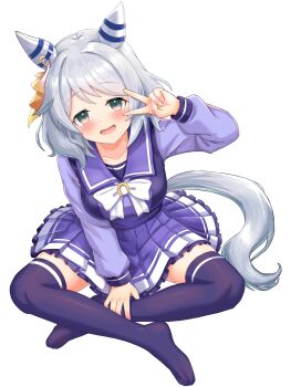1girl absurdres animal_ears blush bow bowtie breasts brown_eyes collarbone commentary_request ear_covers grey_hair highres hishi_miracle_(umamusume) horse_ears horse_girl horse_tail large_breasts long_sleeves looking_at_viewer medium_hair open_mouth pleated_skirt purple_sailor_collar purple_serafuku purple_shirt purple_skirt purple_thighhighs sailor_collar sailor_shirt school_uniform serafuku shirt simple_background sitting skirt smile solo tail textless_version thighhighs tracen_school_uniform umamusume v white_background white_bow white_bowtie yashimo_1875