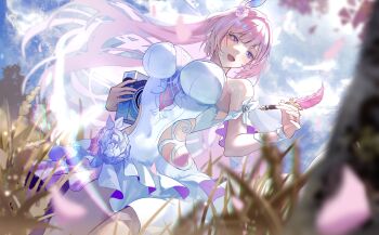 1girl as_i've_written_(honkai:_star_rail) blue_sky book breasts commentary_request cyrene_(demiurge)_(honkai:_star_rail) cyrene_(honkai:_star_rail) diamond-shaped_pupils diamond_(shape) dress flower hair_flower hair_ornament highres hisaka730387 holding holding_book holding_quill honkai:_star_rail honkai_(series) large_breasts long_hair open_mouth partial_commentary pink_hair purple_eyes quill sky solo symbol-shaped_pupils thighs very_long_hair wheat wheat_field white_dress