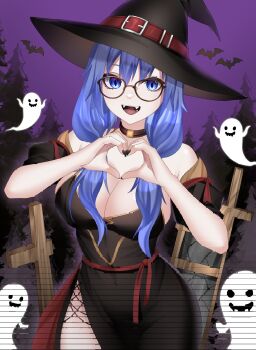 1girl azuracub bat_(animal) black-framed_eyewear black_hat blue_eyes blue_hair breasts choker cleavage collar commission cross-laced_slit dress fangs fingernails ghost glasses halloween halloween_costume hat heart heart_hands highres indie_virtual_youtuber large_breasts long_hair looking_at_viewer nayamoon open_mouth purple_background purple_sky side_slit sky smile solo tree twintails virtual_youtuber witch witch_hat ych_commission
