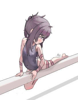 1girl arm_ribbon arm_support barefoot batto_no_tiazu black_leotard brown_hair covered_navel fallenshadow gymnastics highres indie_virtual_youtuber leaning_back leg_ribbon legs leotard long_hair lying pink_eyes ribbon solo thighs virtual_youtuber