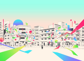 1girl bag bicycle black_hair black_skirt building car circle door hebitsukai highres motor_vehicle original shirt_tucked_in short_hair shoulder_bag skirt solo standing surreal very_wide_shot window