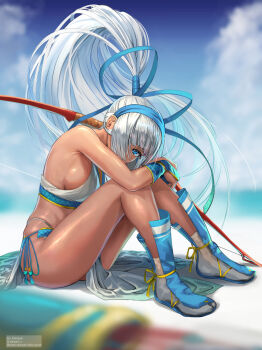 1girl artist_name beach bilingual_commentary blue_eyes blue_sky bluesky_username blurry blurry_background blurry_foreground bow_(weapon) breasts cleavage clothes_between_thighs cloud commentary dargain_x dark-skinned_female dark_skin english_commentary full_body gloves hair_over_one_eye hairband highres holding holding_bow_(weapon) holding_weapon large_breasts long_hair looking_at_viewer majikina_mina mixed-language_commentary navel ocean panties ponytail revision ribbon samurai_spirits sarong side-tie_skirt sideboob sky solo twitter_username underwear very_long_hair weapon white_hair white_sarong