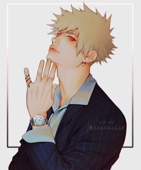 1boy adam&#039;s_apple bakugou_katsuki blonde_hair blue_jacket boku_no_hero_academia closed_mouth collared_shirt commentary ear_piercing earrings english_commentary formal_clothes highres jacket jewelry looking_to_the_side male_focus open_collar piercing pinky_ring pinstripe_jacket pinstripe_pattern red_eyes ring shirt short_hair sleeve_cuffs snake_ring solo suit_jacket twitter_username upper_body watch white_shirt wing_collar wristwatch yukarietd