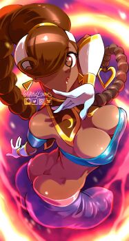 Rule 34 | 1girl, abstract background, absurdres, ass, bandeau, braid, breasts, brown eyes, brown hair, butt crack, capcom, cleavage, dancer, dark-skinned female, dark skin, earrings, gloves, hair over one eye, harem outfit, haysey, highres, jewelry, large breasts, long hair, power stone, rouge (power stone)