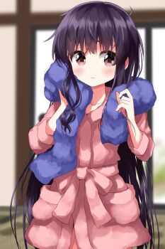 1girl after_bathing alternate_costume bathrobe blurry blurry_background blush brown_eyes closed_mouth collarbone commentary_request cowboy_shot drying drying_hair drying_own_hair eyes_visible_through_hair hands_up highres houraisan_kaguya indoors long_hair purple_hair ruu_(tksymkw) solo standing three-quarter_sleeves touhou towel very_long_hair wet wet_hair