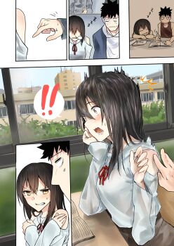 ! !! 1girl angry araido_kagiri blush book comic crossed_arms fang flashback highres indoors mole mole_under_eye motion_lines poking ribbon short_hair silent_comic sleeping surprised sweat sweatdrop table