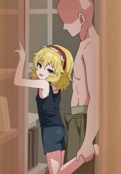 1boy 1girl absurdres black_tank_top blonde_hair bulge erection erection_under_clothes faceless faceless_male green_eyes hairband hetero highres idolmaster idolmaster_cinderella_girls loli ohgi910 sakurai_momoka tank_top