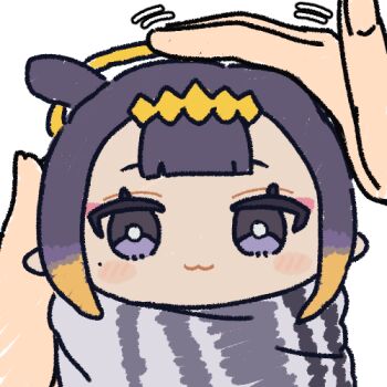 1girl 1other :3 blonde_hair blunt_bangs blush_stickers chibi closed_mouth commentary_request gradient_hair hairband halo headpat hololive hololive_english jazz_jack looking_at_viewer lowres motion_lines multicolored_hair ninomae_ina'nis purple_eyes purple_hair tentacle_hair transparent_background virtual_youtuber yellow_hairband yellow_halo