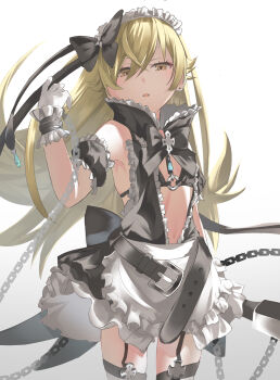 1girl :o absurdres apron armpits belt bikini black_bow blonde_hair bow chain dress ear_piercing frilled_dress frilled_gloves frills gloves highres holding holding_weapon jewelry long_hair looking_at_viewer maid maid_headdress monogatari_(series) navel o-ring o-ring_bikini o-ring_top open_mouth oshino_shinobu oshino_shinobu_(maidmade) pantyhose piercing raphael_(rglvvv) simple_background solo swimsuit weapon white_gloves yellow_eyes