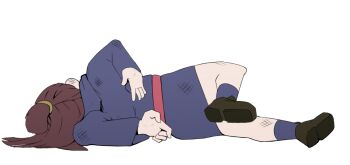 1girl belt blue_socks brown_hair coco_(setawar) family_guy family_guy_death_pose_(meme) hurt kagari_atsuko little_witch_academia long_hair lying meme on_side ponytail red_belt socks solo white_background