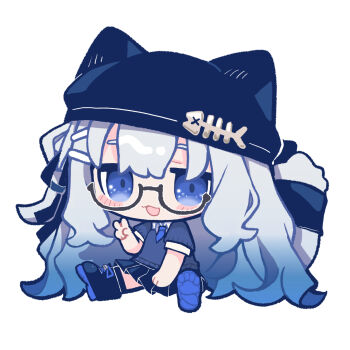 1girl :3 :d animal_hat black-framed_eyewear black_boots black_hat black_ribbon black_skirt blue_eyes blue_hair blue_necktie blue_sweater blush_stickers boots cat_girl cat_hat cat_tail chibi chibi_only collared_shirt commentary_request double-parted_bangs ebi_gohan fish_skeleton_hat_ornament full_body glasses gradient_hair hair_between_eyes hair_ribbon hand_up hat hat_ornament highres kipfel_(vrchat) lace-up_boots long_hair multicolored_hair necktie open_mouth pleated_skirt ribbon semi-rimless_eyewear shirt shoe_soles short-sleeved_sweater short_necktie short_sleeves simple_background sitting skirt smile solo sweater tail under-rim_eyewear v very_long_hair vrchat white_background white_hair white_shirt wing_collar