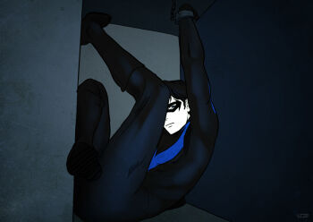 1boy artist_request batman_(series) black_hair bodysuit boots contortion dc_comics dick_grayson domino_mask eye_mask flexible gloves handcuffed male_focus mask nightwing solo spot_color