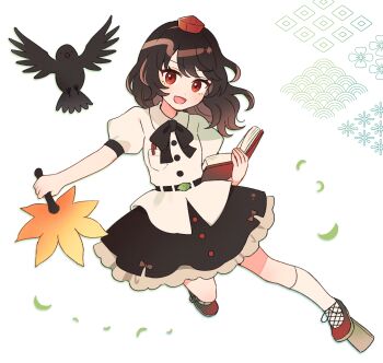 1girl :d bird black_bird black_bow black_bowtie black_hair black_skirt book bow bowtie buttons collared_shirt commentary_request crow full_body geta hand_fan hat hauchiwa highres holding holding_book holding_fan kneehighs long_hair looking_at_viewer mozukuzu_(manukedori) open_mouth puffy_short_sleeves puffy_sleeves red_eyes red_hat red_shoes seigaiha shameimaru_aya shirt shoes short_sleeves skirt smile socks solo tengu-geta tokin_hat touhou white_background white_shirt white_socks