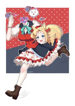 1girl absurdres animal_ears blonde_hair boots brown_boots commentary densetsu.exe dress drill_hair english_commentary frilled_dress frills gloves highres horse_ears horse_girl looking_at_viewer medium_hair nanohara_touko open_mouth red_vest smile solo vest victoria_roman white_dress white_gloves