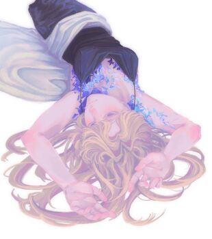 Rule 34 | 1girl, arms up, beryl bouanich, blonde hair, blue dress, blue eyes, closed mouth, crystallization, dress, evening gown, hair spread out, highres, long dress, long hair, lying, monno (monochrome ink), on back, reverse:1999, sleeveless, sleeveless dress, solo, spaghetti strap, upper body, upside-down, white background