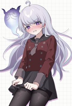 1boy 4ro_1011 ahoge black_skirt blush brown_necktie clenched_teeth crossdressing crossdressing_(mtf) drop_shadow grey_hair grid_background highres long_hair male_focus master_detective_archives:_rain_code necktie pantyhose purple_eyes red_shirt school_uniform shinigami_(ghost)_(rain_code) shinigami_(rain_code) shirt skirt skull-shaped_pupils sweat symbol-shaped_pupils teeth trap yuma_kokohead