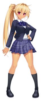 1girl black_socks blazer blonde_hair blue_skirt blush bow bowtie breasts closed_mouth dark-skinned_female dark_skin full_body game_cg hair_intakes hand_on_own_hip jacket kamitsurugi_ouka kneehighs kouyoku_senki_exs-tia_concert large_variant_set loafers long_hair long_sleeves looking_at_viewer miniskirt non-web_source official_art oosumi_kanon pink_eyes plaid_bow plaid_bowtie plaid_clothes plaid_skirt pleated_skirt ponytail red_eyes school_uniform shirt shoes side_ponytail skirt socks solo standing tachi-e tan transparent_background variant_set very_long_hair white_shirt