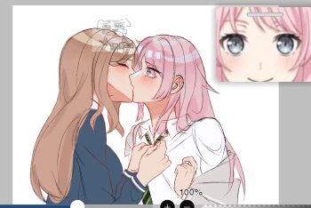 2girls art_program_in_frame bang_dream! bang_dream!_it&#039;s_mygo!!!!! blue_shirt blush brown_hair chihaya_anon closed_eyes commentary ear_blush green_necktie kiss long_hair multiple_girls nagasaki_soyo necktie pink_hair reference_inset shirt white_background white_shirt yooru_(yooruverse) yuri