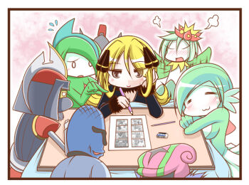 00s 0_0 :3 accelgor artist_self-insert bisharp blonde_hair blush cynthia_(pokemon) escavalier gallade gardevoir gen_3_pokemon gen_4_pokemon gen_5_pokemon kotatsu lilligant md5_mismatch nintendo pokemon pokemon_(creature) pokemon_dppt sawk smile sougetsu_(yosinoya35) table
