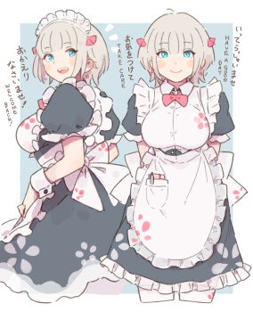 1girl :d blonde_hair blue_background blue_dress blue_eyes blush border breasts closed_mouth commentary_request cropped_legs dress frilled_dress frilled_sleeves frills highres large_breasts looking_at_viewer maid maid_headdress multiple_views open_mouth original outside_border short_hair short_sleeves simple_background smile translation_request tsukudani_yosuke white_border