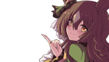 1girl animal_ears blush brown_eyes brown_hair closed_mouth fujitaka_nasu green_jacket highres horse_ears jacket long_hair long_sleeves looking_at_viewer looking_to_the_side multicolored_hair satono_diamond_(umamusume) simple_background sleeves_past_wrists smile solo two-tone_hair umamusume upper_body white_background white_hair
