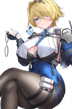 1girl absurdres bare_shoulders black_bra black_jacket black_pantyhose blonde_hair blue_eyes blue_necktie blue_skirt blush bra breasts bright_pupils buckle chest_harness cleavage closed_mouth collared_shirt commentary crop_top crossed_legs cuffs diamond-shaped_pupils diamond_(shape) explosive girls'_frontline girls'_frontline_2:_exilium gloves grenade hair_between_eyes hair_intakes hair_ornament hair_over_one_eye half_gloves halterneck hand_up handcuffs harness high-waist_skirt highres holding holding_handcuffs invisible_chair jacket large_breasts long_sleeves looking_at_viewer mole mole_under_eye necktie nikketa_(girls'_frontline_2) pantyhose radio shirt short_hair simple_background sitting skirt smoke_grenade snap-fit_buckle solo symbol-shaped_pupils thigh_strap thighs underwear vsk-94_(girls'_frontline) walkie-talkie white_background white_pupils zion_rss