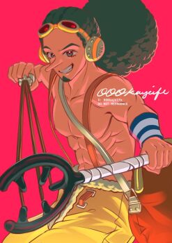 Rule 34 | 000kayeife, 1boy, abs, afro, aiming, aiming at viewer, black hair, commentary, cowboy shot, english commentary, fighting stance, goggles, goggles on head, grin, headphones, holding, holding weapon, long nose, looking at viewer, male focus, muscular, muscular male, one piece, pants, pectorals, smile, solo, suspenders, topless male, twitter username, usopp, weapon, yellow pants