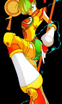 1girl absurdres black_background breasts bright_pupils commentary_request dragon_kid electricity eyelashes green_eyes green_hair green_shorts hasuhappa highres holding holding_staff shirt short_hair shorts simple_background sleeveless sleeveless_shirt solo staff standing standing_on_one_leg tiger_&amp;_bunny very_short_hair white_pupils yellow_shirt