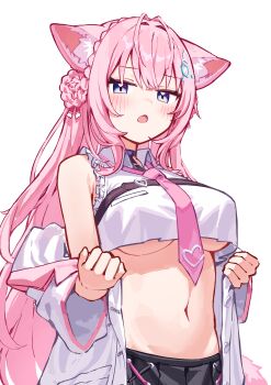 1girl absurdres animal_ears antenna_hair black_choker black_skirt braid braided_bun breasts chest_belt choker coat coat_partially_removed collared_shirt commentary_request crop_top crop_top_overhang cropped_shirt crown_braid deaver double-parted_bangs double_bun frilled_shirt frills hair_bun hakui_koyori hakui_koyori_(1st_costume) hexagon_hair_ornament highres hololive lab_coat lapels large_breasts long_hair long_sleeves looking_at_viewer navel necktie notched_lapels open_mouth pink_hair pink_necktie pleated_skirt purple_eyes shirt sidelocks simple_background skirt sleeveless sleeveless_shirt solo stomach tail underboob very_long_hair virtual_youtuber white_background white_coat white_shirt wolf_ears wolf_girl wolf_tail