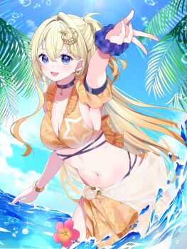 1girl arm_scrunchie armpits bikini black_choker blonde_hair blue_eyes blue_scrunchie blue_sky bracelet breasts choker cleavage cloud cocoluce commission crescent crescent_hair_ornament flower hair_ornament highres jewelry large_breasts light_rays long_hair looking_at_viewer mochiko_tsuru navel ocean open_mouth orange_bikini orange_scrunchie palm_leaf partially_submerged ponytail red_flower sarong scrunchie second-party_source sideboob sky smile solo star_(symbol) star_hair_ornament sunlight swimsuit virtual_youtuber water white_sarong wrist_scrunchie yonaga_akina