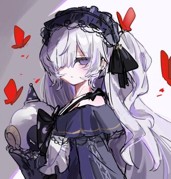 1girl absurdres bug butterfly closed_mouth commentary_request gothic_lolita hair_over_one_eye hairband highres insect lolita_fashion lolita_hairband long_hair looking_at_viewer mahou_shoujo_no_majo_saiban mitarashi_umemaru natsume_an-an one_side_up purple_eyes red_butterfly solo stuffed_animal stuffed_sheep stuffed_toy upper_body white_hair