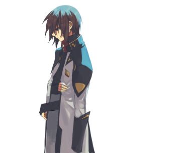 1boy brown_hair coat coat_on_shoulders expressionless gundam gundam_seed highres kira_yamato long_sleeves looking_down male_focus military_uniform seed0x0 short_hair simple_background sleeve_cuffs sleeves_past_wrists solo white_background white_coat