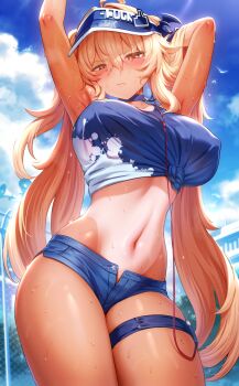 1girl bad_source blonde_hair breasts choker highres hiyake-chan large_breasts long_hair looking_at_viewer m-da_s-tarou one-piece_tan original shirt short_shorts shorts solo tan tanline tied_shirt visor_cap wet