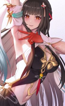 1girl adversarial_noise akano_murasaki arm_up armpits bare_shoulders blush breasts brown_hair colored_extremities highres honkai:_star_rail honkai_(series) large_breasts lingsha_(honkai:_star_rail) long_hair looking_at_viewer navel open_mouth pointy_ears presenting_armpit red_eyes red_hands smile solo spread_armpit