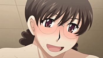 1girl 2020 20s animated animated_gif curly_hair glasses hitozuma_mitsu_to_niku housewife implied_sex mature_female obasan_(hitozuma_mitsu_to_niku) ponytail queen_bee_(animation_studio) sweat tagme