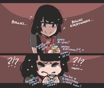 !? 1girl 2koma age_conscious artist_self-insert bags_under_eyes black_eyes black_hair cake cellphone christmas_cake closed_eyes comic commentary english_text food hair_over_shoulder happy_birthday hushabye long_hair low_ponytail nervous_sweating original phone ponytail side_ponytail smartphone sweat tears