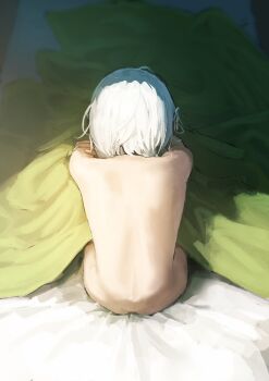1girl anby_demara ass bare_shoulders collar commentary_request from_behind grey_hair hand_on_own_arm headphones highres indoors nude on_bed short_hair sitting solo tsubakuro31 under_covers zenless_zone_zero