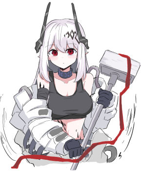 1girl arknights bandaged_arm bandages black_gloves black_horns black_sports_bra blush bone_hiko breasts cleavage closed_mouth collarbone commentary_request crop_top cropped_legs dot_nose gloves grey_hair hair_between_eyes hammer holding holding_hammer holding_weapon horns infection_monitor_(arknights) long_hair long_sleeves looking_at_viewer material_growth medium_breasts mudrock_(arknights) mudrock_(elite_ii)_(arknights) oripathy_lesion_(arknights) paint_chat_(medium) partial_commentary red_eyes red_ribbon ribbon sidelocks simple_background sledgehammer sleeveless solo sports_bra weapon white_background