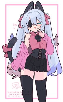 1boy :3 animal_ear_fluff animal_ears bare_shoulders black_choker black_corset black_ribbon black_skirt black_thighhighs blue_eyes blue_hair blush bow bulge cardigan cat_boy cat_ears cat_tail choker collar colored_tips commentary corset crossdressing crossdressing_(mtf) eyepatch feet_out_of_frame finger_to_mouth flipped_hair frilled_collar frills grey_tail hair_between_eyes hair_bow hair_intakes hand_up heart highres long_hair long_sleeves looking_at_viewer male_focus miniskirt multicolored_hair narrowed_eyes neck_ribbon no_nose off_shoulder one_eye_covered op_na_yarou open_cardigan open_clothes original panties parted_lips pink_bow pink_cardigan pink_shirt quad_tails raised_eyebrows red_hair ribbon rigel_(op_na_yarou) see-through_clothes see-through_skirt shirt sidelocks simple_background skirt sleeveless sleeveless_shirt sleeves_past_wrists solo standing straight_hair tail tail_bow tail_ornament thighhighs thighs trap underwear very_long_hair watermark white_background white_hair