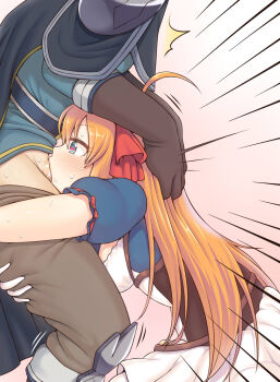 1boy 1girl ^^^ ahoge blue_eyes blush deepthroat emphasis_lines fellatio gloves hair_ribbon head_grab heart heart-shaped_pupils hetero highres hug hug_and_suck irrumatio long_hair oral orange_hair pecorine_(princess_connect!) penis princess_connect! puffy_short_sleeves puffy_sleeves rantana_(lalalalackluster) red_ribbon ribbon short_sleeves solo_focus sweat symbol-shaped_pupils uncensored yuuki_(princess_connect!)