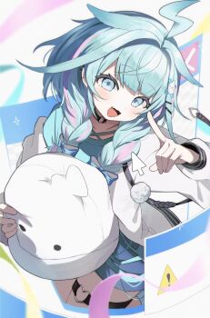 1girl :d absurdres ahoge blue_eyes blue_hair blue_shorts braid choker cursor fang heart heart_o-ring highres hololive hololive_dev_is jacket long_hair long_sleeves looking_at_viewer mizumiya_su o-ring o-ring_choker o-ring_thigh_strap open_mouth pink_streaks pom_pom_(clothes) shorts smile solo thigh_strap twin_braids virtual_youtuber white_jacket window_(computing) yanoyu