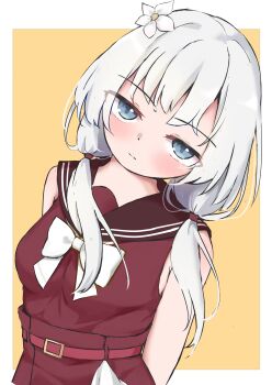 Rule 34 | 1girl, absurdres, arms behind back, assault lily, bare arms, bare shoulders, belt, belt buckle, blue eyes, blush, border, bow, bowtie, breasts, brown sailor collar, buckle, chitonimu, closed mouth, flower, grey hair, hair flower, hair ornament, high-waist skirt, highres, kanba girls high school uniform, leaning to the side, looking at viewer, low twintails, medium breasts, orange background, outside border, red belt, red shirt, red skirt, sailor collar, school uniform, serafuku, shiozaki suzume, shirt, simple background, skirt, sleeveless, sleeveless shirt, solo, twintails, upper body, white border, white bow, white bowtie, white flower