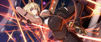 1girl absurdres armpits ass blonde_hair chest_harness commentary evelyn_chevalier glowing glowing_eyes hair_up harness high-waist_pants high_heels highres necktie pants purple_eyes sleeveless solo strap tight_clothes tight_pants yanagino_(yanagino3) yellow_necktie zenless_zone_zero