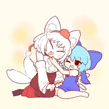 Rule 34 | 2girls, animal ears, blue bow, blue dress, blue hair, bow, cirno, closed eyes, detached sleeves, detached wings, dress, fang, full body, hair bow, hand on another's chin, hat, height difference, highres, ice, ice wings, inubashiri momiji, long skirt, looking at another, medium dress, medium hair, muimui (4242564muimui), multiple girls, one eye closed, open mouth, petting, pinafore dress, pom pom (clothes), pom pom hat ornament, puffy short sleeves, puffy sleeves, red hat, red skirt, seiza, shirt, short hair, short sleeves, sitting, skirt, sleeveless, sleeveless dress, smile, snot trail, tail, tail wagging, tokin hat, touhou, triangle mouth, white hair, white shirt, white sleeves, wings, wolf ears, wolf girl, wolf tail, yellow background