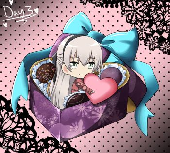 Rule 34 | 1girl, ao no kiseki, black hairband, black ribbon, blue bow, bow, box, chibi, chocolate, closed mouth, commentary, double-parted bangs, eiyuu densetsu, elie macdowell, english commentary, english text, gift, gift box, green eyes, hair between eyes, hair ribbon, hairband, half updo, heart, highres, holding, holding heart, long sleeves, looking at viewer, ribbon, smile, solo, spirit rise, white hair, zero no kiseki