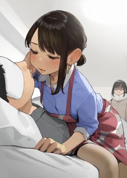 <o>_<o> 1boy 2girls apron bag beige_coat blush brown_eyes brown_hair coat completely_unamused covered_eyes douki-chan_(douki-chan) douki-kun_(douki-chan) earrings fur_collar ganbare_douki-chan girl_on_top grey_pajamas handbag highres jewelry kouhai-chan_(douki-chan) lying multiple_girls on_back on_bed over_shoulder pajamas pantyhose pillow polka_dot polka_dot_apron shaded_face short_hair sidelocks unamused yomu_(sgt_epper)
