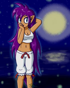 Rule 34 | blue eyes, breasts, cleavage, dark skin, jezmm, midriff, moon, night, pajamas, purple hair, shantae, shantae (series), tagme, wayforward